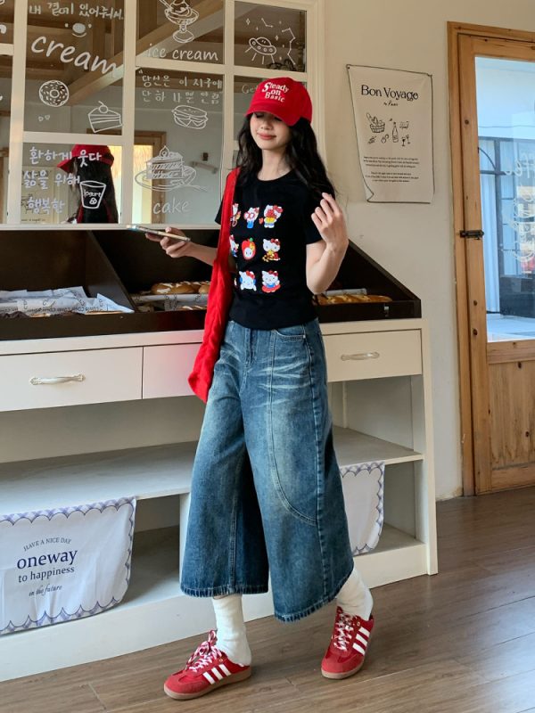 Women's Vintage Denim Wide-Leg Shorts - Loose Fit Eight-Point Style for Summer, Casual American Vintage Fashion