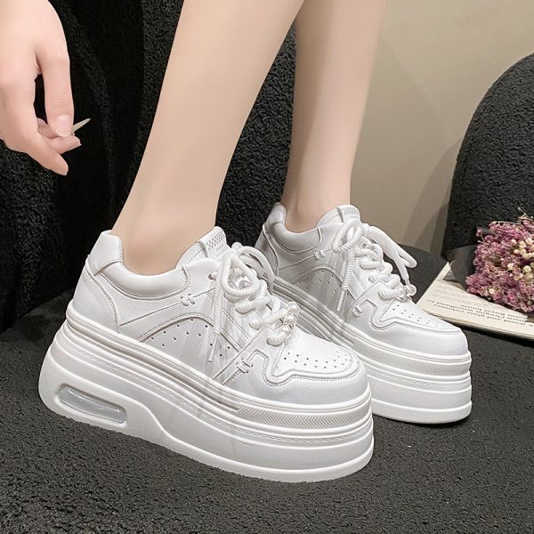 Women's White Thick-Soled Sneakers - Casual Platform Sport Shoes for Petite Height Increase - 2024 Spring/Summer Collection