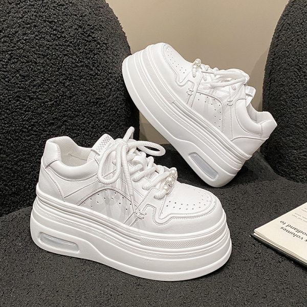 Women's White Thick-Soled Sneakers - Casual Platform Sport Shoes for Petite Height Increase - 2024 Spring/Summer Collection