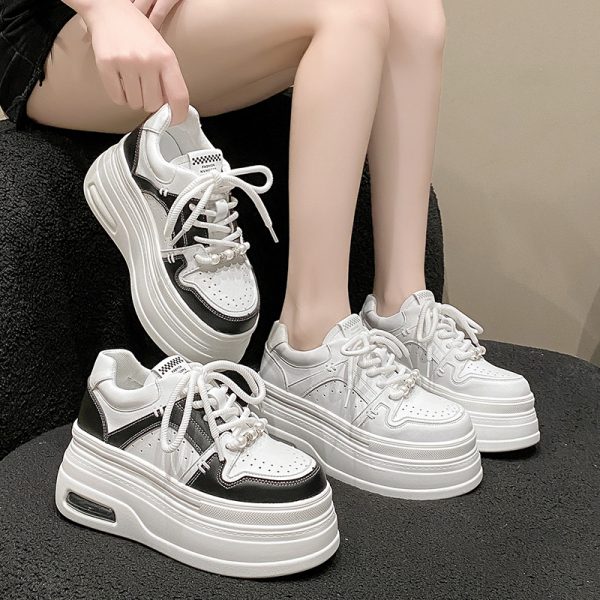 Women's White Thick-Soled Sneakers - Casual Platform Sport Shoes for Petite Height Increase - 2024 Spring/Summer Collection