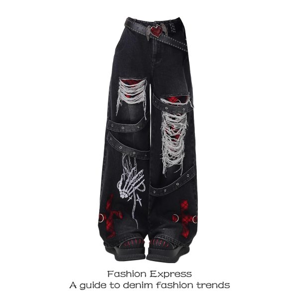 Women's Wide-Leg Ripped Jeans, Punk Retro Distressed Denim, 2025 Spring Autumn Fashion, Unique Niche Style