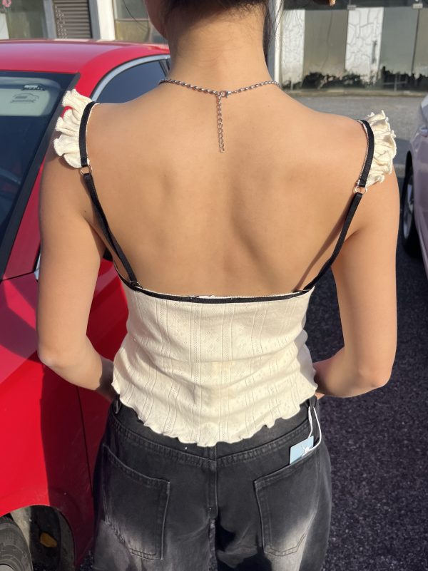 Wood Ear Edge Cartoon Embroidery Hot Girl Sling Top - Women's Summer Sexy Low-Cut Slim Crop Top for Y2K Fashion