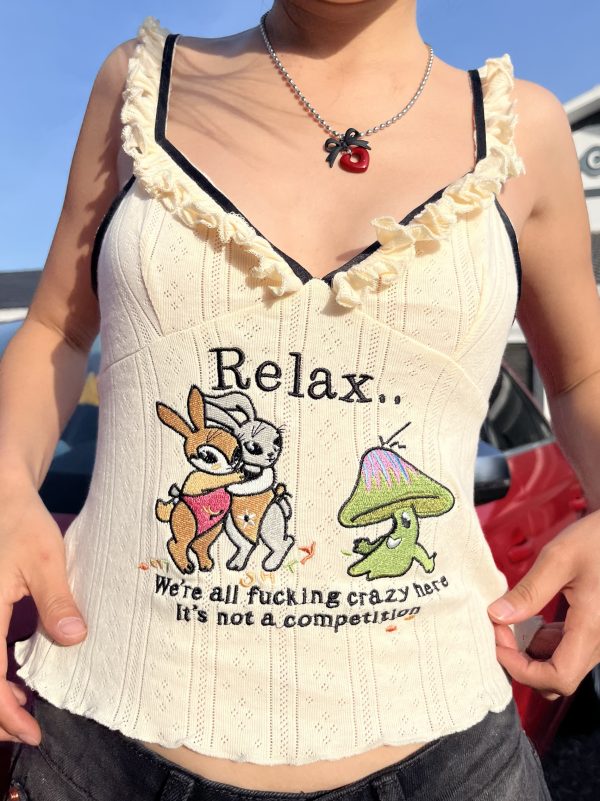 Wood Ear Edge Cartoon Embroidery Hot Girl Sling Top - Women's Summer Sexy Low-Cut Slim Crop Top for Y2K Fashion