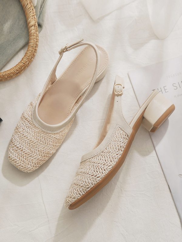 Woven Hollow Chunky Heel Evening Shoes - Sheepskin Closed-Toe Sandals for Women, Summer Fairy Style Flats Perfect with Skirts