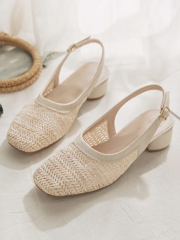Woven Hollow Chunky Heel Evening Shoes - Sheepskin Closed-Toe Sandals for Women, Summer Fairy Style Flats Perfect with Skirts