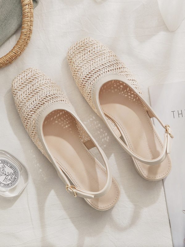 Woven Hollow Chunky Heel Evening Shoes - Sheepskin Closed-Toe Sandals for Women, Summer Fairy Style Flats Perfect with Skirts