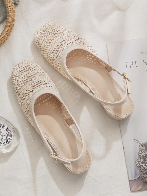 Woven Hollow Chunky Heel Evening Shoes - Sheepskin Closed-Toe Sandals for Women, Summer Fairy Style Flats Perfect with Skirts