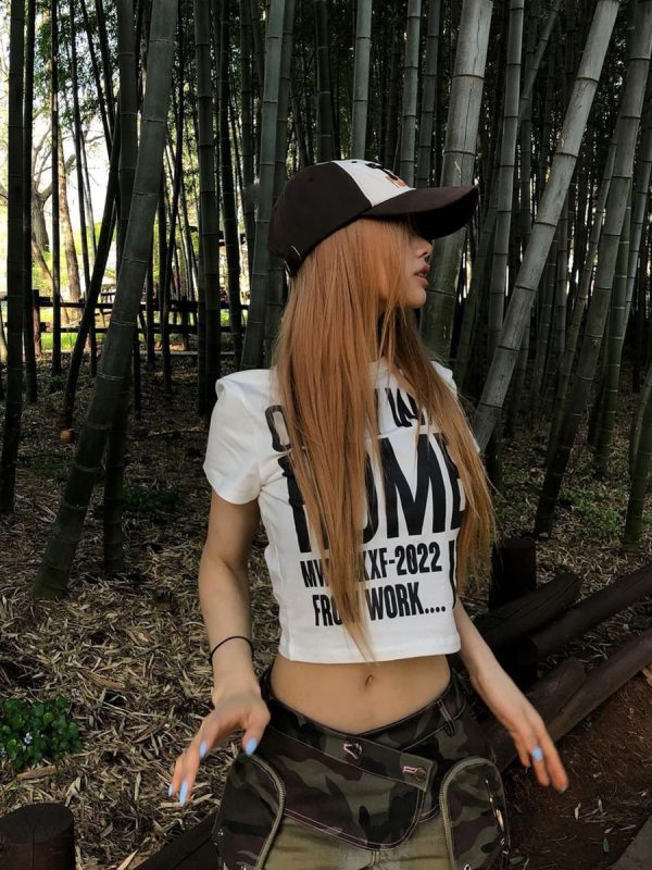 Y2K American Retro Basic Letter Off-Shoulder Slim Fit Short Sleeve Crop Top for Women, Trendy Millennial Style