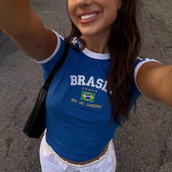 Y2K American Retro Embroidered Football Off-Shoulder Short Sleeve Crop Top for Women, Slim Fit Cropped Shirt Trend
