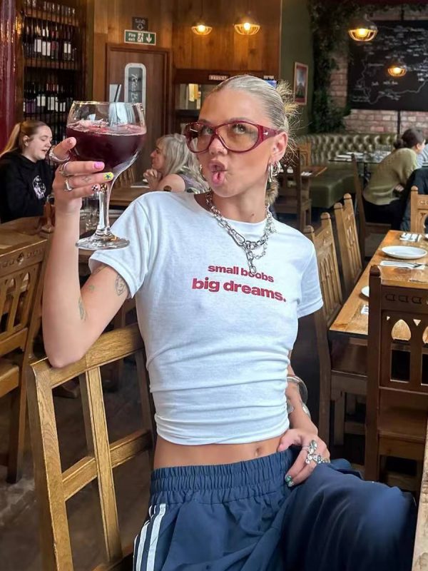 Y2K American Retro Letter Print Short Crop Short-Sleeve T-Shirt for Women, Off-Shoulder Slim Fit Sweet and Spicy Top