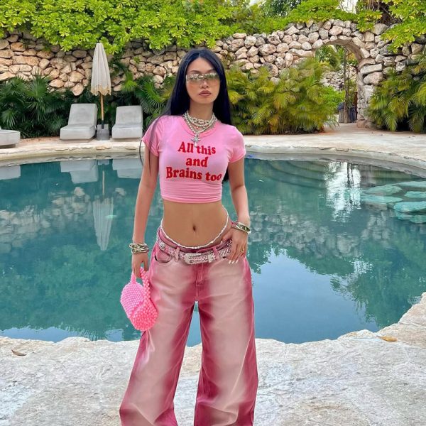 Y2K American Retro Pink Letter Crop Short Sleeve T-Shirt for Women, Slim Fit Shoulder-Baring Trendy Top