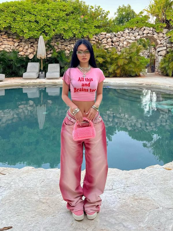 Y2K American Retro Pink Letter Crop Short Sleeve T-Shirt for Women, Slim Fit Shoulder-Baring Trendy Top