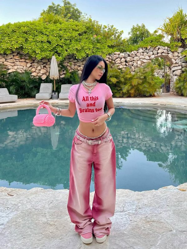 Y2K American Retro Pink Letter Crop Short Sleeve T-Shirt for Women, Slim Fit Shoulder-Baring Trendy Top