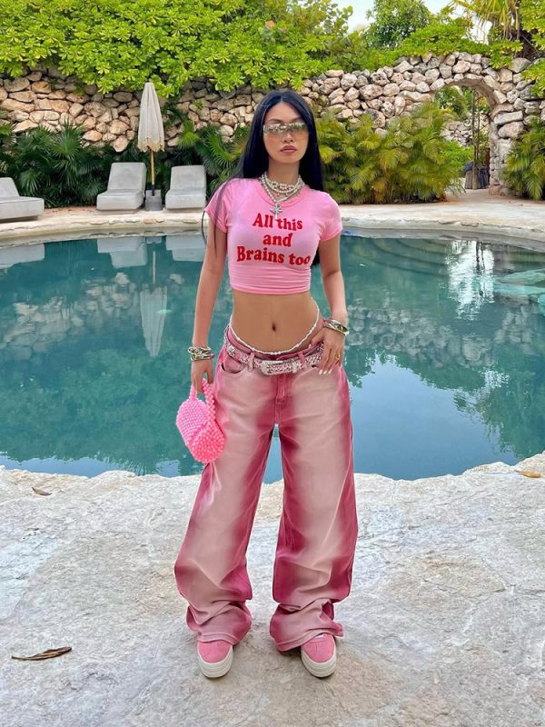 Y2K American Retro Pink Letter Crop Short Sleeve T-Shirt for Women, Slim Fit Shoulder-Baring Trendy Top