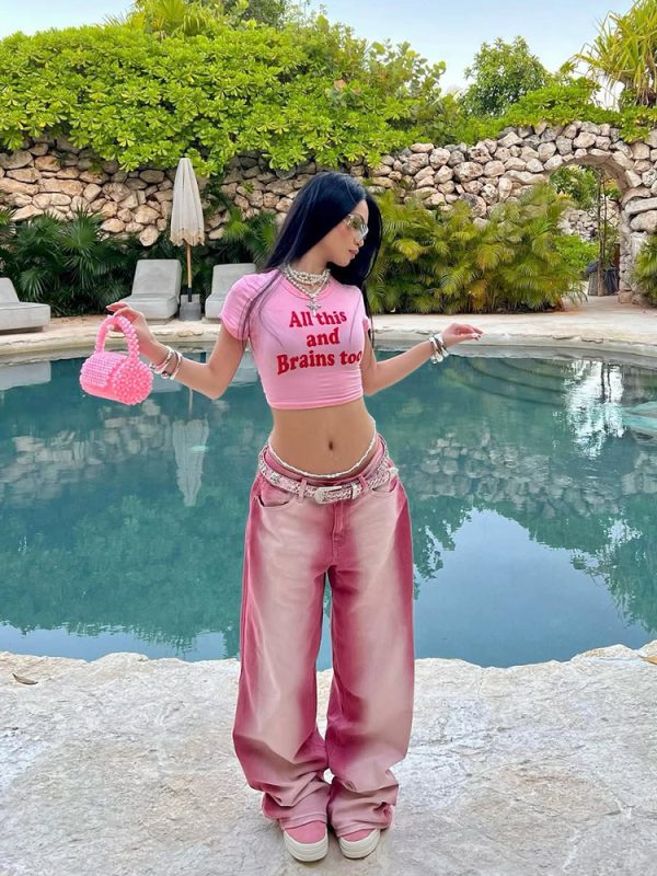 Y2K American Retro Pink Letter Crop Short Sleeve T-Shirt for Women, Slim Fit Shoulder-Baring Trendy Top
