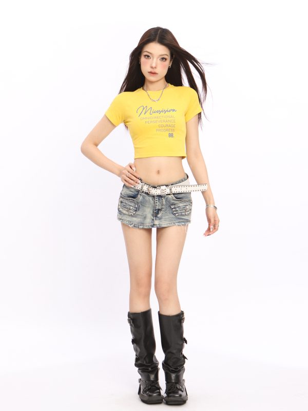 Y2K American Style Shoulder Crop Top for Women - Slim Fit, Short Sleeves, Waist Exposure, Summer Letter Design