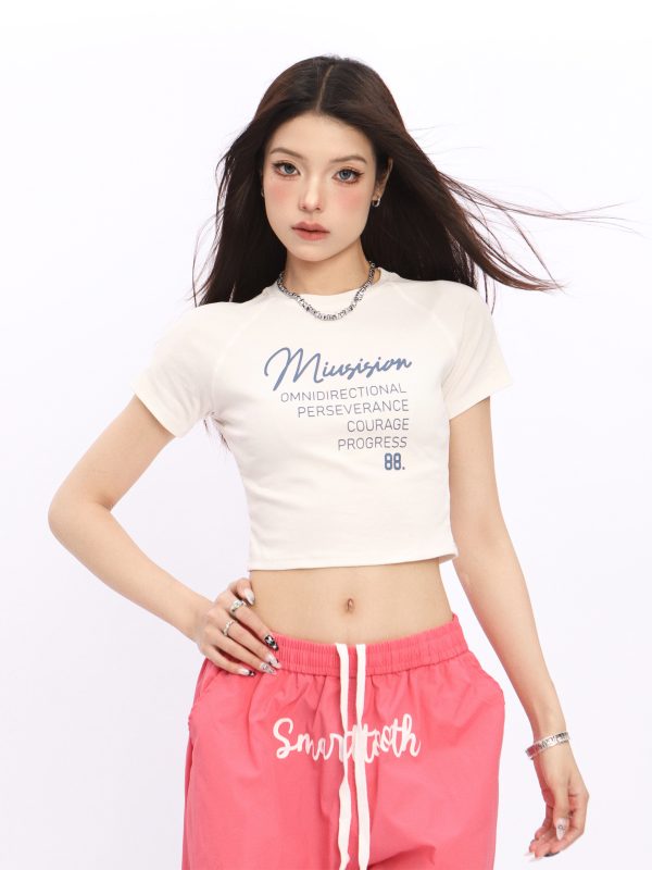 Y2K American Style Shoulder Crop Top for Women - Slim Fit, Short Sleeves, Waist Exposure, Summer Letter Design