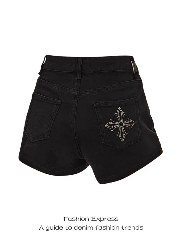 Y2K Black Denim Shorts for Women with Cross Flower Embroidery, Low-Waist Slim Fit Bodycon Hot Pants for Autumn/Winter 2025