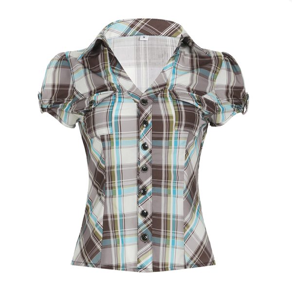 Y2K Blue and White Checkered Short-Sleeve Cropped Shirt for Women - Slimming Fit, Versatile Casual Top, Spicy Girl Style