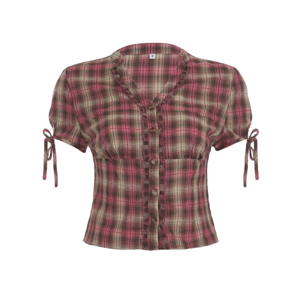 Y2K Blue and White Checkered Short-Sleeve Cropped Shirt for Women - Slimming Fit, Versatile Casual Top, Spicy Girl Style