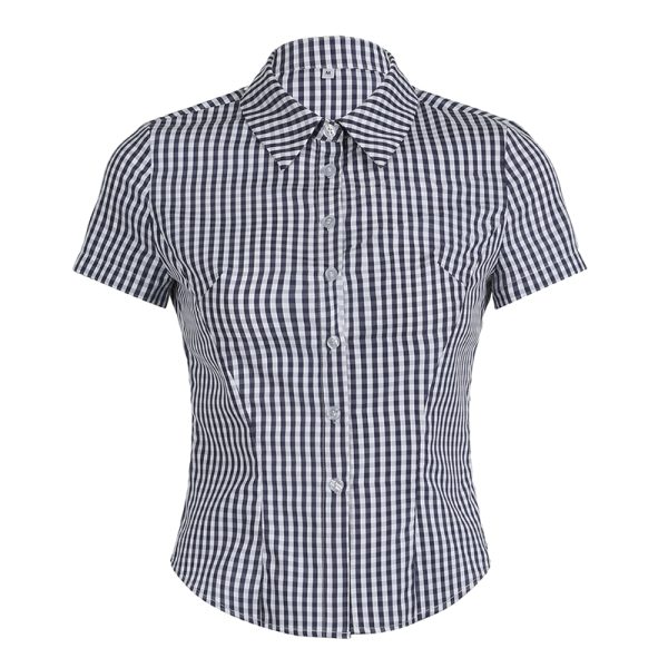 Y2K Blue and White Checkered Short-Sleeve Cropped Shirt for Women - Slimming Fit, Versatile Casual Top, Spicy Girl Style
