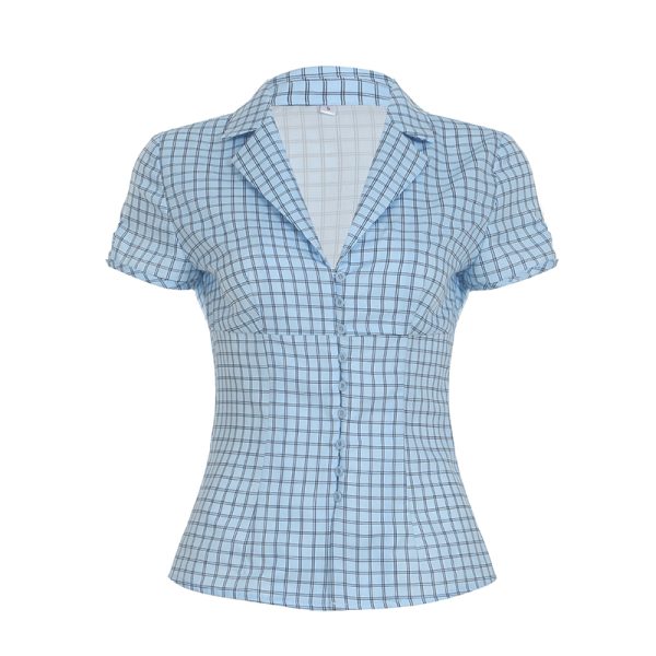 Y2K Blue and White Checkered Short-Sleeve Cropped Shirt for Women - Slimming Fit, Versatile Casual Top, Spicy Girl Style