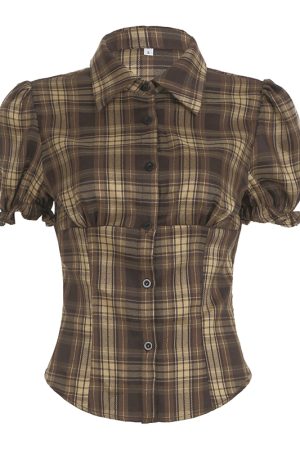 Y2K Blue and White Checkered Short-Sleeve Cropped Shirt for Women - Slimming Fit, Versatile Casual Top, Spicy Girl Style