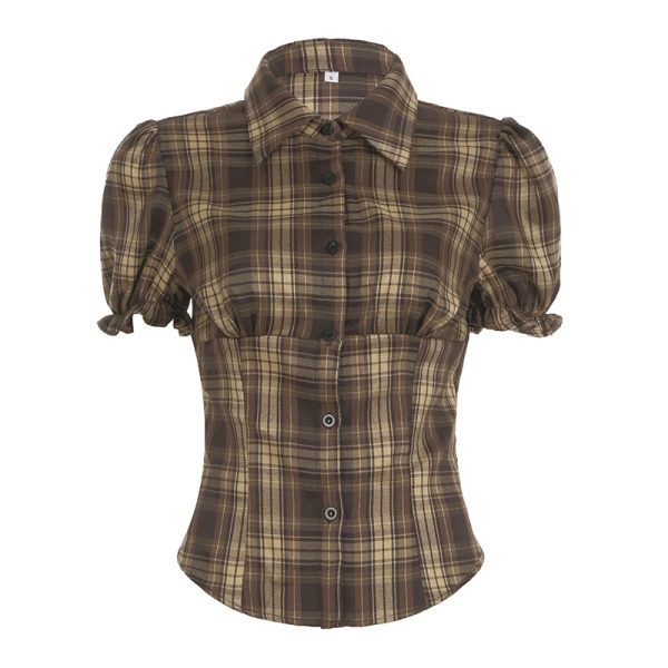 Y2K Blue and White Checkered Short-Sleeve Cropped Shirt for Women - Slimming Fit, Versatile Casual Top, Spicy Girl Style