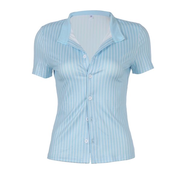 Y2K Blue and White Checkered Short-Sleeve Cropped Shirt for Women - Slimming Fit, Versatile Casual Top, Spicy Girl Style