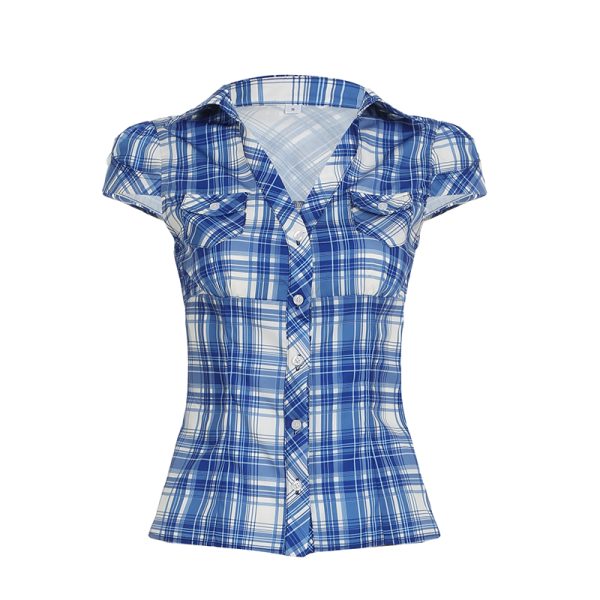 Y2K Blue and White Checkered Short-Sleeve Cropped Shirt for Women - Slimming Fit, Versatile Casual Top, Spicy Girl Style