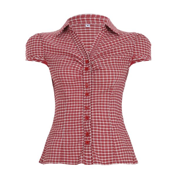 Y2K Blue and White Checkered Short-Sleeve Cropped Shirt for Women - Slimming Fit, Versatile Casual Top, Spicy Girl Style