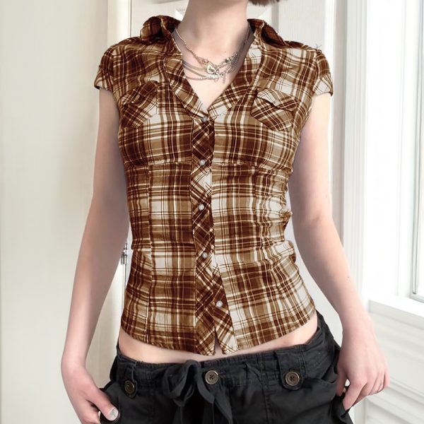 Y2K Blue and White Checkered Short-Sleeve Cropped Shirt for Women - Slimming Fit, Versatile Casual Top, Spicy Girl Style