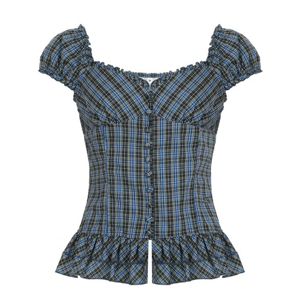 Y2K Blue and White Checkered Short-Sleeve Cropped Shirt for Women - Slimming Fit, Versatile Casual Top, Spicy Girl Style