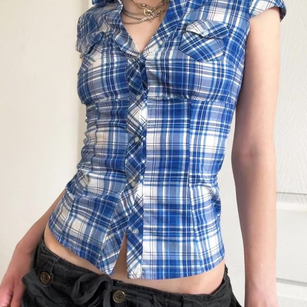 Y2K Blue and White Checkered Short-Sleeve Cropped Shirt for Women - Slimming Fit, Versatile Casual Top, Spicy Girl Style
