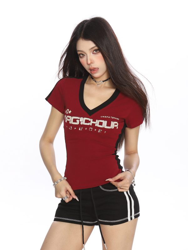 Y2K Cropped Slim-Fit Striped V-Neck Short Sleeve T-Shirt for Women - American Style Summer Jersey Top