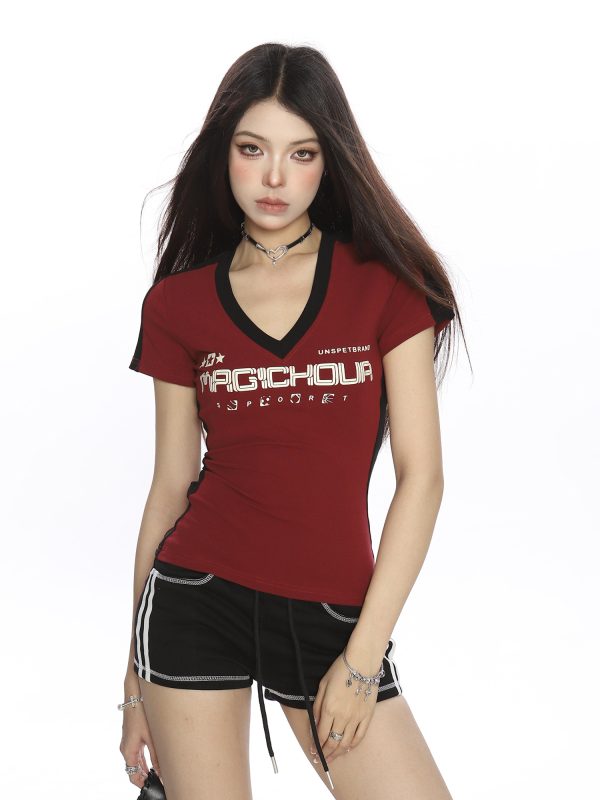 Y2K Cropped Slim-Fit Striped V-Neck Short Sleeve T-Shirt for Women - American Style Summer Jersey Top