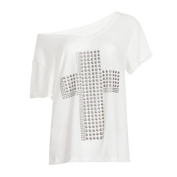 Y2K Cross Copper Foil V-Neck Short Sleeve T-Shirt for Women - Casual Loose Slimming Versatile Trendy Top