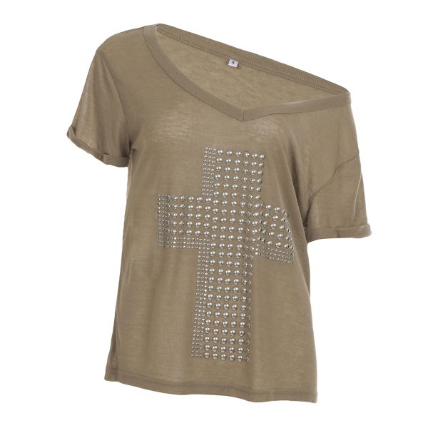 Y2K Cross Copper Foil V-Neck Short Sleeve T-Shirt for Women - Casual Loose Slimming Versatile Trendy Top
