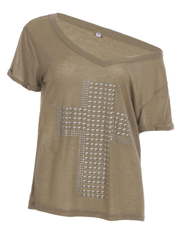 Y2K Cross Copper Foil V-Neck Short Sleeve T-Shirt for Women - Casual Loose Slimming Versatile Trendy Top