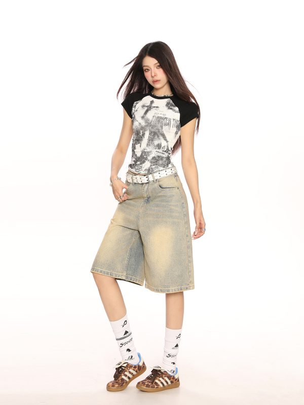 Y2K Cross Graffiti Short Sleeve T-Shirt for Women - Summer Slim Fit Cool Top, Streetwear Inspired Subculture Style