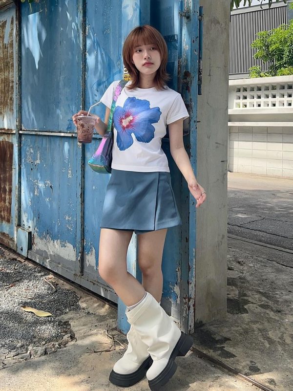 Y2K Floral Off-Shoulder Short Sleeve Crop Top for Women - Slim Fit American Retro Style Trendy Millennial Fashion
