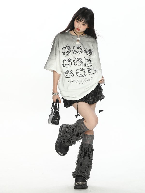 Y2K Gradient Hello Kitty Short Sleeve T-Shirt for Women - Summer Slim Fit Trendy Top
