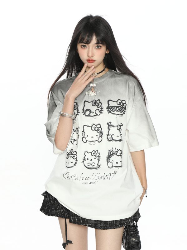 Y2K Gradient Hello Kitty Short Sleeve T-Shirt for Women - Summer Slim Fit Trendy Top
