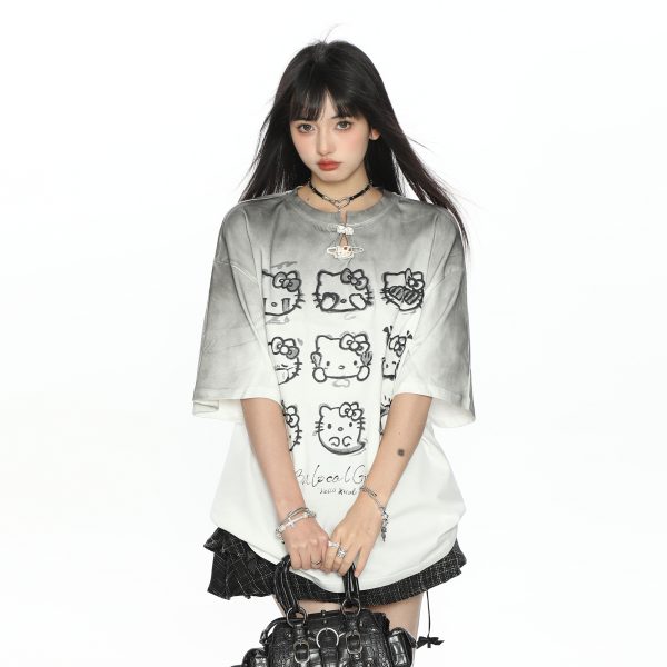 Y2K Gradient Hello Kitty Short Sleeve T-Shirt for Women - Summer Slim Fit Trendy Top