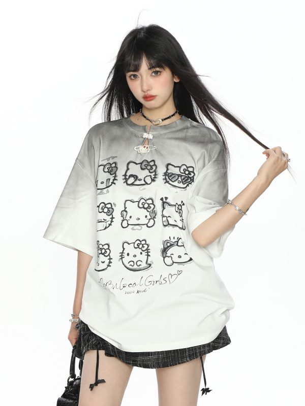 Y2K Gradient Hello Kitty Short Sleeve T-Shirt for Women - Summer Slim Fit Trendy Top