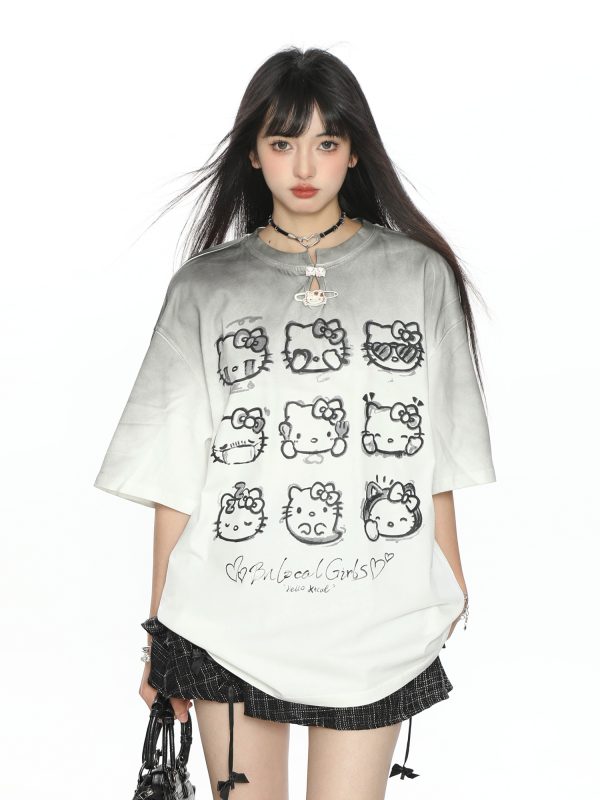 Y2K Gradient Hello Kitty Short Sleeve T-Shirt for Women - Summer Slim Fit Trendy Top
