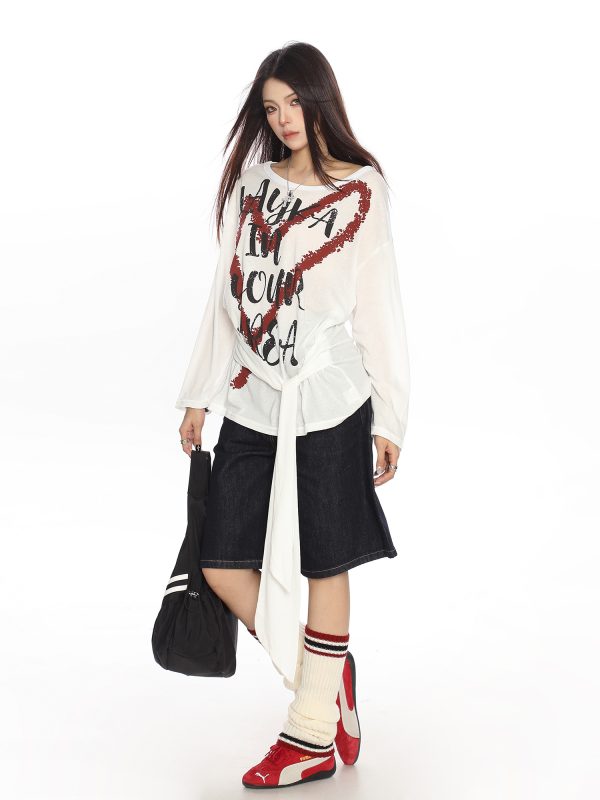 Y2K Heart Graffiti Tie-Shoulder Long Sleeve T-Shirt for Women, Summer Thin Cover-Up, Casual Trendy Style
