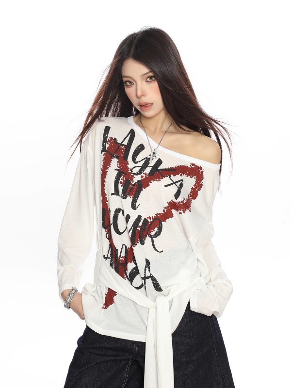 Y2K Heart Graffiti Tie-Shoulder Long Sleeve T-Shirt for Women, Summer Thin Cover-Up, Casual Trendy Style