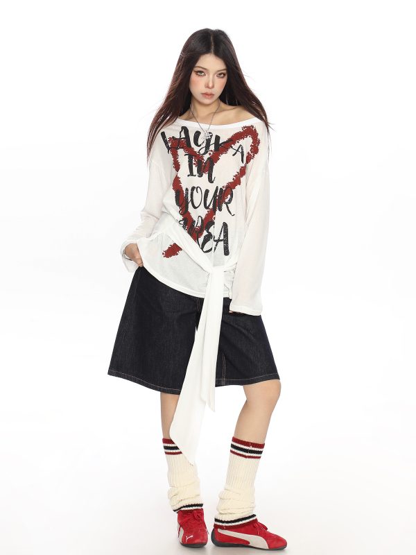 Y2K Heart Graffiti Tie-Shoulder Long Sleeve T-Shirt for Women, Summer Thin Cover-Up, Casual Trendy Style