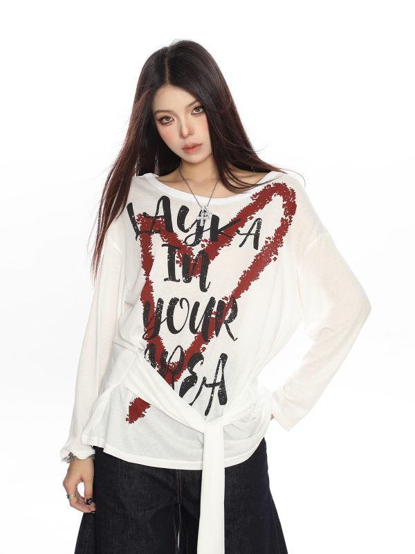 Y2K Heart Graffiti Tie-Shoulder Long Sleeve T-Shirt for Women, Summer Thin Cover-Up, Casual Trendy Style